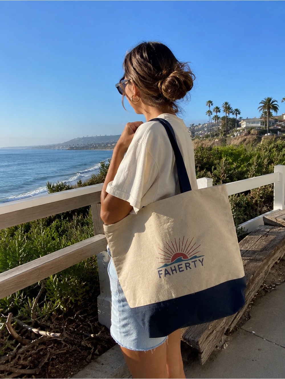 Faherty Natural and Navy Canvas Tote with Sunrise Logo